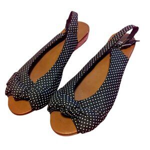 Polka Dot Slingback Sandals Retro Pin Up Peep Toe Knot‎ Flat Shoes Black White